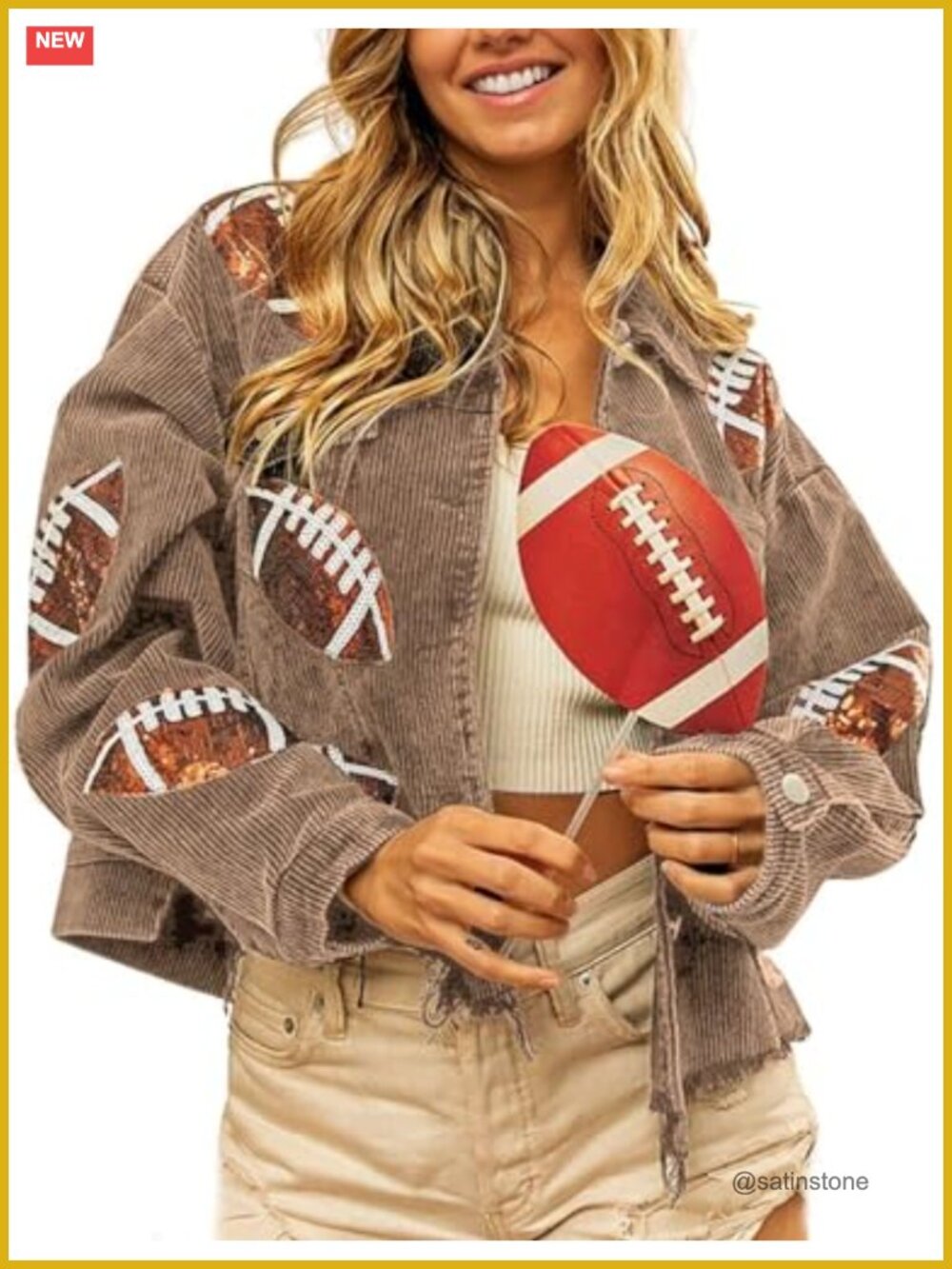 Sequin Football Rugby Crop Corduroy Jacket Frayed Hem Shacket Women